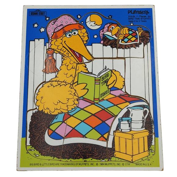 Big Bird Time Stories Wooden Tray Frame Puzzle 1984 Playskool 11 Pieces - Picture 1 of 1